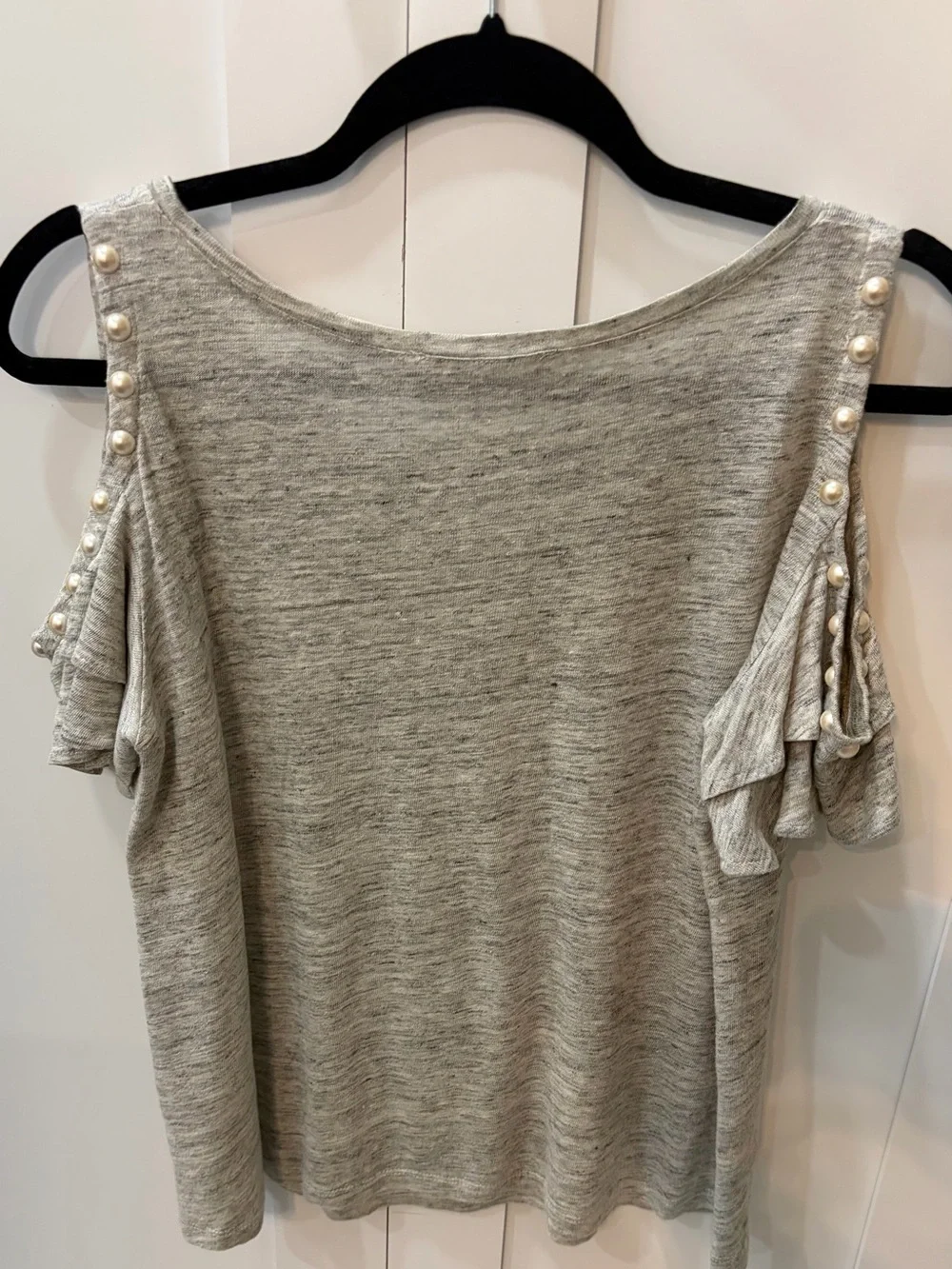 Generation Love Light Gray Cold-Shoulder Pearl Accent Tee